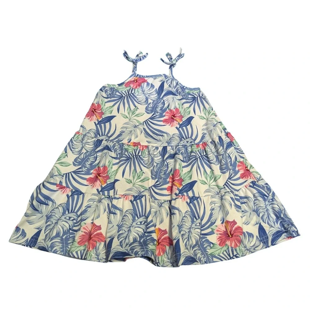 Tommy Bahama Girls 2T Tropical Hibiscus Palm Tiered Tie Shoulder Sundress Blue